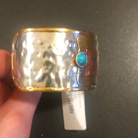 ICON Oversized Cuff Bracelet Metallic tooled metals w/ beaded accents BE STRONG! - Picture 5 of 9